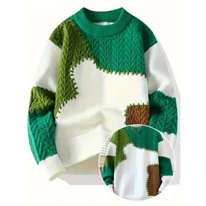 Men's Color-Block Knitted Sweater - Soft and Warm All-Season Casual Pullover with Contrasting Design, Machine Washable Regular Fit Round Neck Long Sleeve, Durable and Comfortable Style