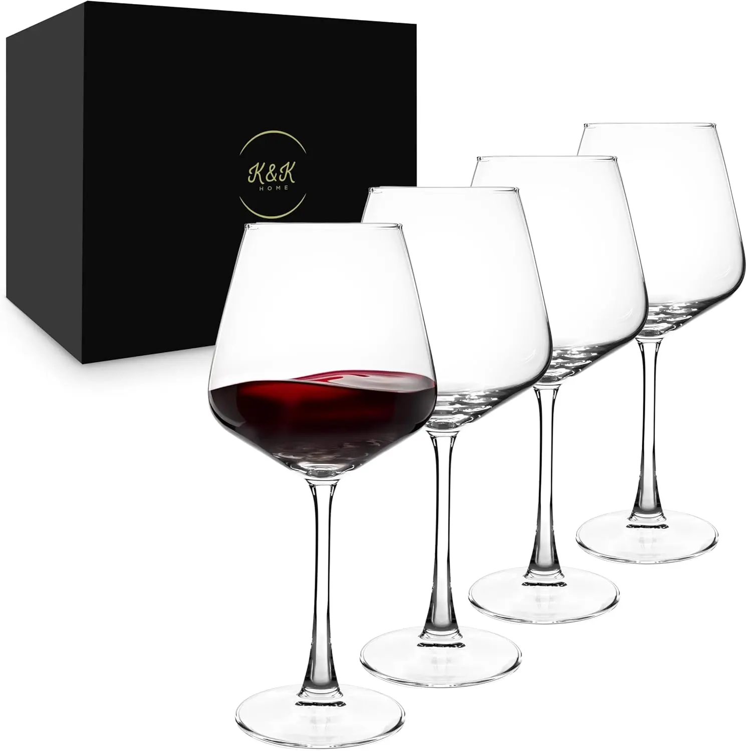 K&K Home Large Red Wine Glasses – Set of 4, 20.5 oz Modern Bowl – Elegant Clear Glass Wine Glasses for Red, White, Rosé, or Sangria – Durable, Lead-Free Glassware for Parties, Dinners & Gifts
