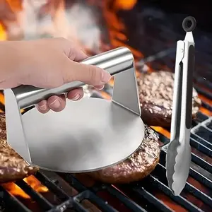 2Pcs Stainless Steel Burger Press & Food Tong Set Non-Stick Hamburger Patty Maker with Ergonomic Handle Even Pressing Grill Tool for BBQ Home and Professional Kitchens Easy Clean