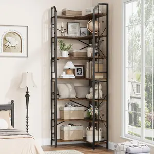 Garvee Tall 86" Corner Bookshelf, Industrial 7-Tier L-Shape Bookcase with Beaded Detail, Space-Saving Large Corner Shelf for Living Room, Bedroom, Office