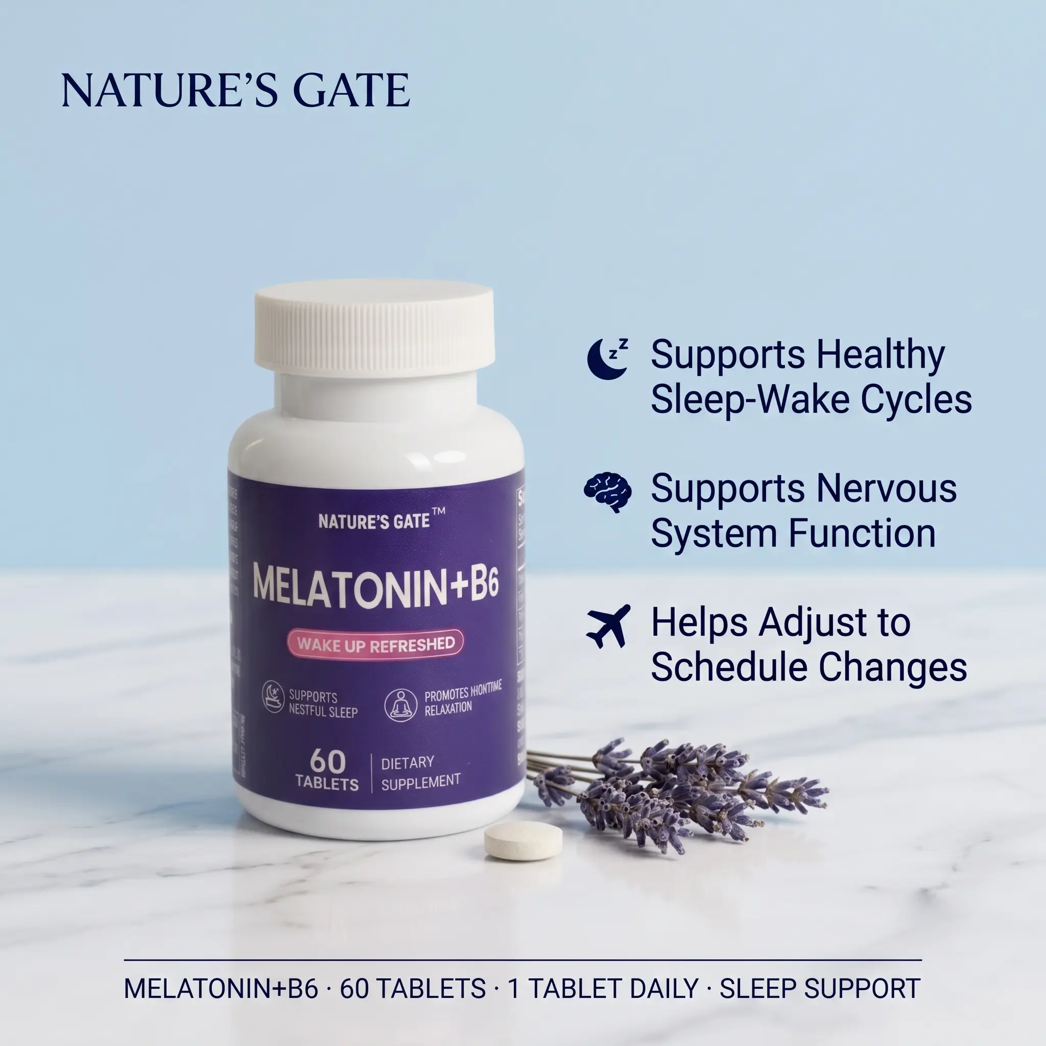 Nature's Gate Melatonin + B6 Natural Sleep Supplement- Supports Healthy Sleep-Wake Cycles, relax support, Nervous System Function sleep improvement 60 Tablets