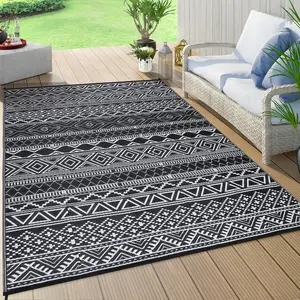 6x9 ft Black and White Plastic Rectangular Boho Area Rug for Beach, Patio, RV Camping