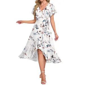 AUSELILY Womens Summer Midi Dresses Wrap Short Flutter Sleeve V Neck Boho Slit Flowy Ruffle Dress Wedding Guest Dresses