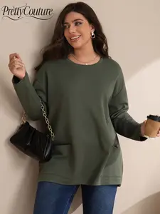 【Plus Size】Plus Size Casual Loose-Fit Long Sleeve Top, Round Neck Plain Color Shirt with Side Pockets, Fall & Winter Women's Clothing