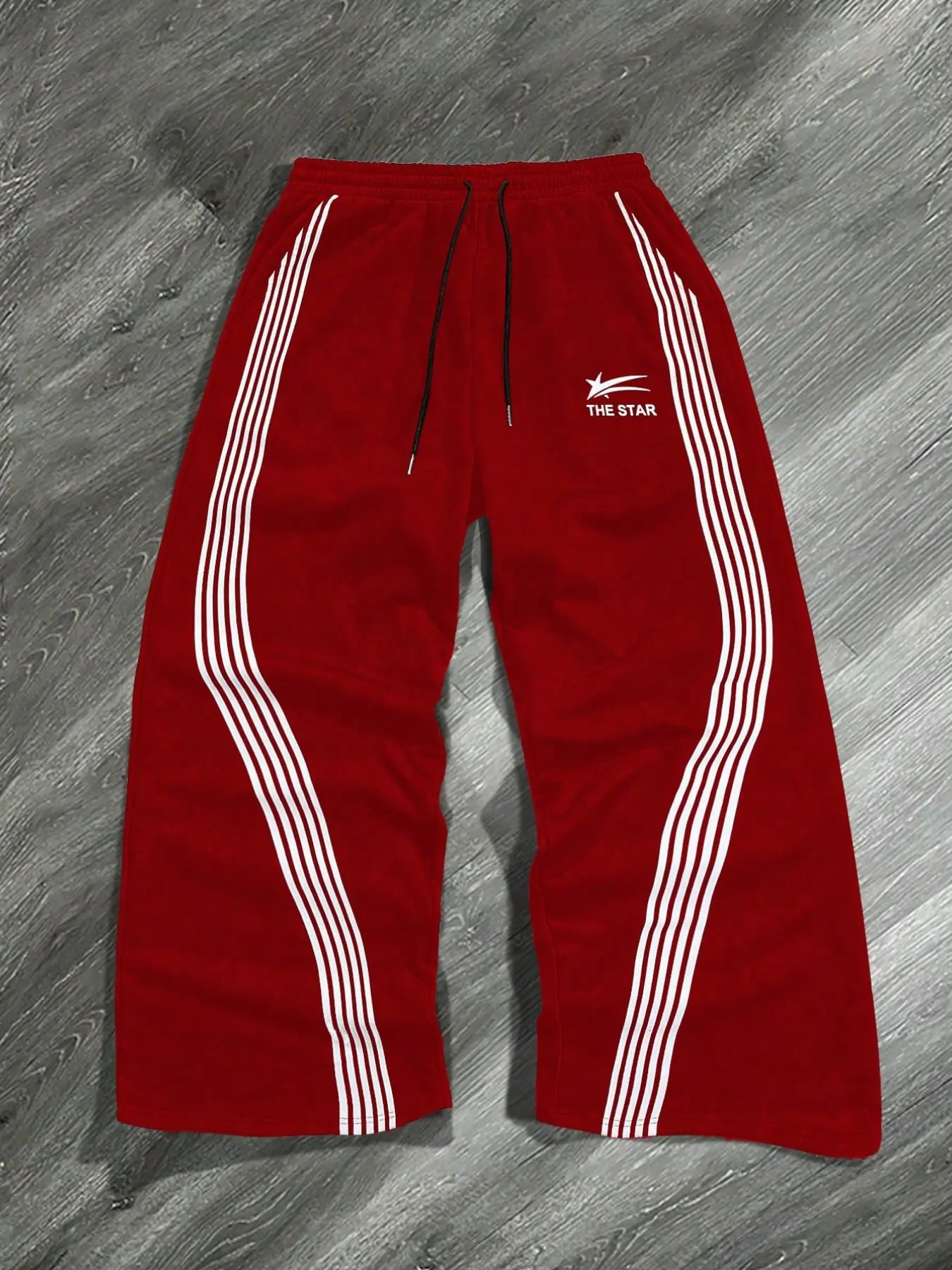 Mens white sweatpants with side wavy black stripes splicing and star theme print retro y2k streetwear Athleisure Style Track Pants, Casual Comfy Sporty, elastic drawstring waist loose wide leg fit breathable casual trousers
