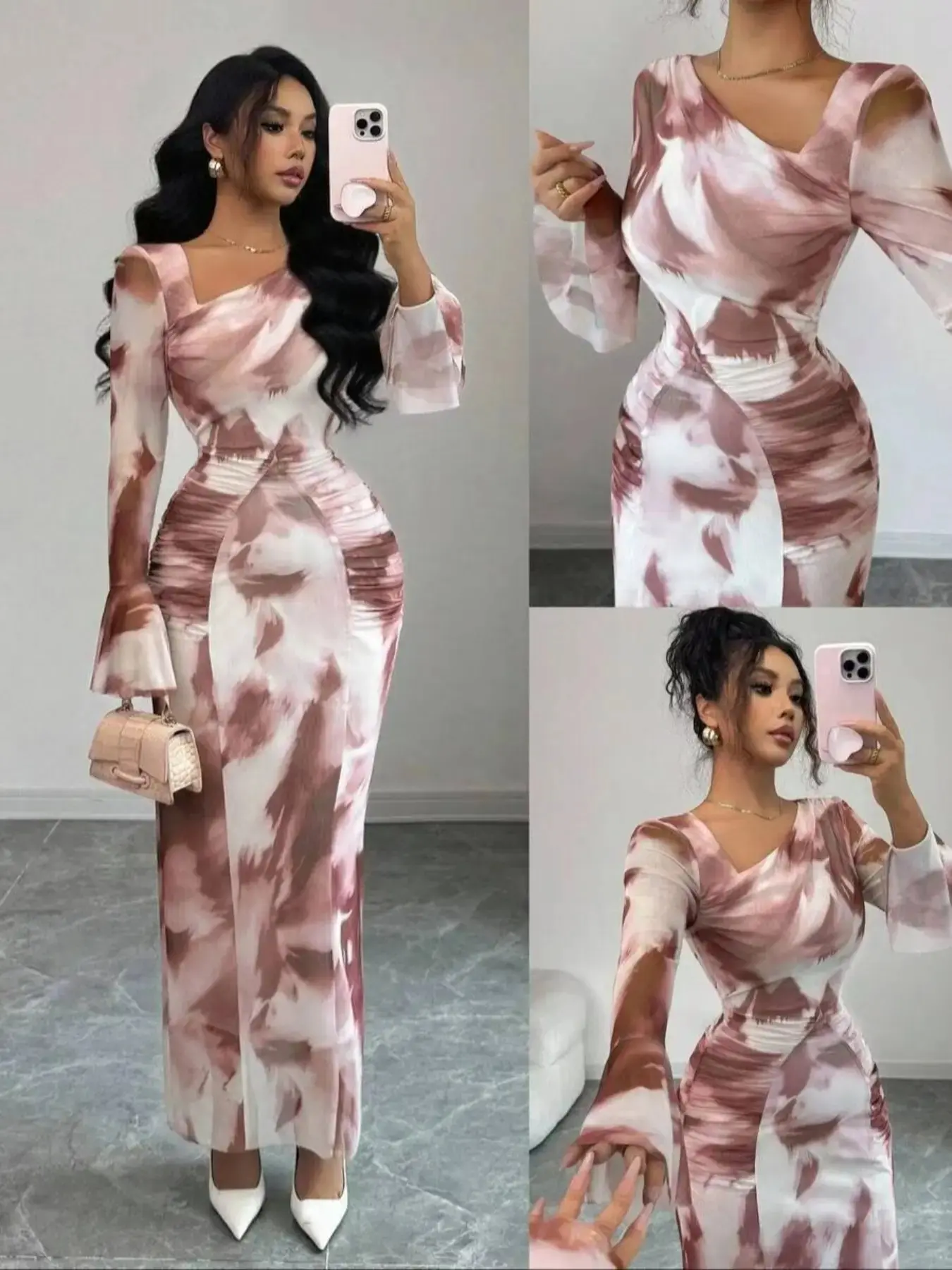 Women's French Vintage Tie-Dye Print Mesh Ruched Bodycon Mini Dress, Cocktail Dress, Fall New Fashion Bell Sleeve Tight Fit, Elegant Casual Wear, Elegant Romantic Dress, Elegant Draped Style