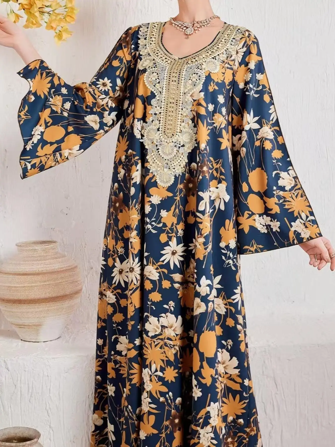 Women's V Neck Ethnic Style Embroidered Dress, Loose-Fit Long Sleeve Woven Fabric, All-Season Fashionable Outwear Dress