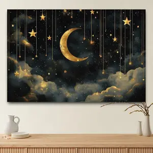 1 piece of Bohemian moon and star wall hanging - soft sheep polyester fabric, with a golden sky design featuring crescent moon, stars and clouds, suitable for decorating living rooms and bedrooms, bedroom wall art, sky theme, moon decoration
