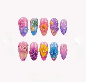 Coastal Cutie Press On Nails - 3D Sea Turtle & Starfish Design, Almond Shape, High Shine Glossy Finish, Eco-Friendly, Set of 10 Custom-Sized Nails for Beach Vacations & Summer Festivals