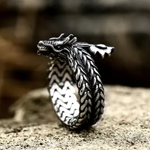 GTHIC Vintage Coiled Dragon Stainless Steel Animal Ring for Men Women Statement Jewelry Birthday Gifts