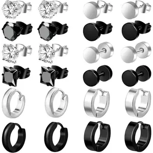 15 Pairs Black Earrings for Men, Stainless Steel Mens Earrings set with Studs Hoop Earring Cross Dangle Earrings  Ear   for Men Women