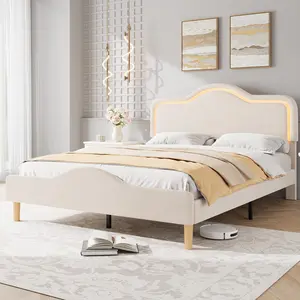 Beige Queen Size Bed Frame with LED Lights, Velvet Upholstered Platform Bed with Adjustable Headboard for Kids/Girls, Wooden Slats Support, No Box Spring Needed