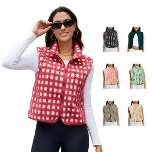 Womens Checkered Sherpa Vest Sleeveless Winter Fleece Jacket High Neck Zip Up Plaid Gilet with Chest Pocket TikTokShopBlackFriday