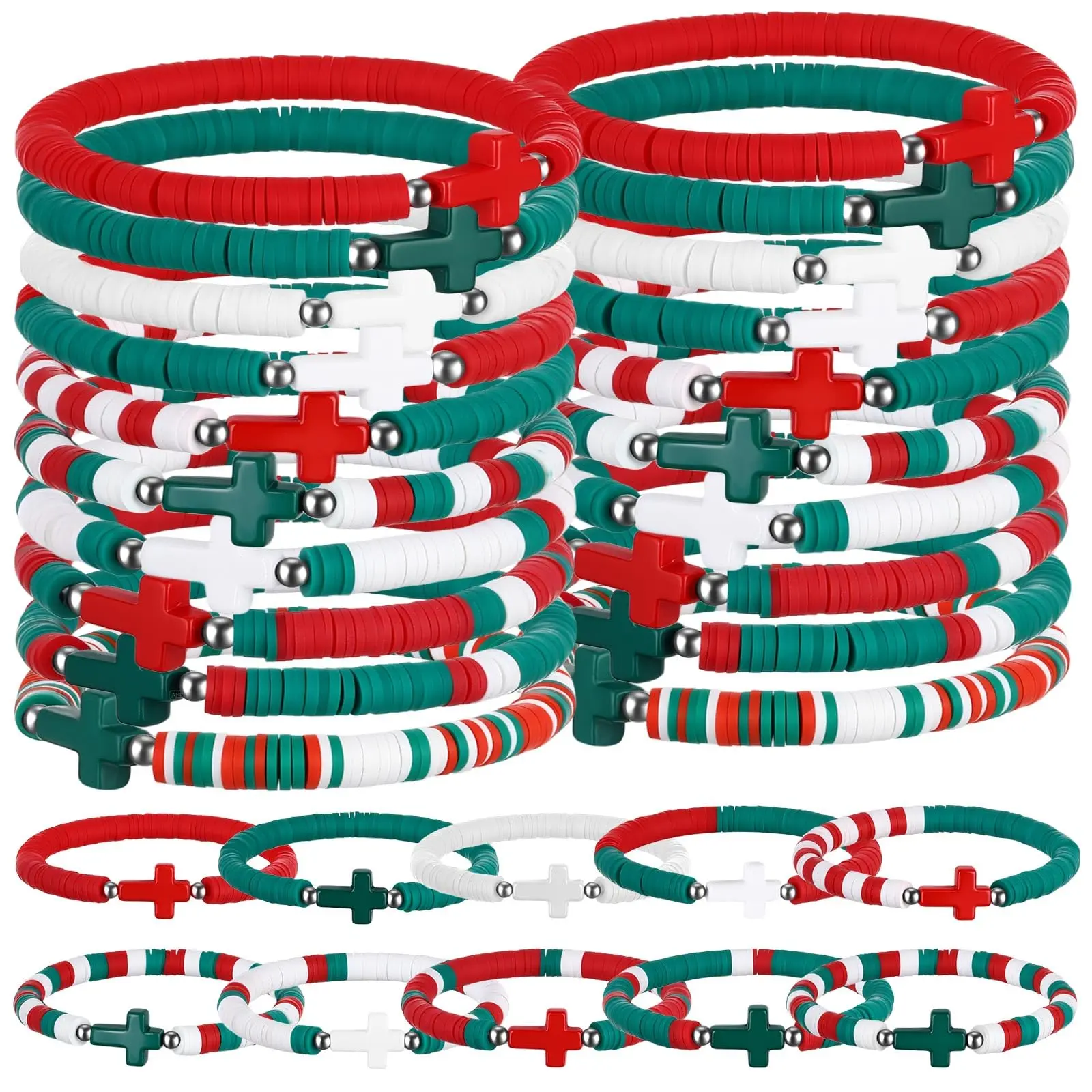 30Pcs Christmas Christian Bead Bracelets Gifts for Women Men Youth Religious Cross  Jesus Loves You WWJD Clay Beads Friendship Bracelets for Stocking Stuffer Church Groups Sunday Supplies Christmas Party Exchange Gift