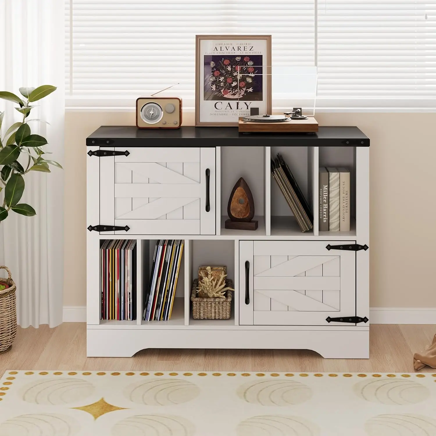 39in Large Vinyl Record Storage, Farmhouse Wood Turntable Record Player Stand with Storage Cabinet and 2 Barn Doors for Living Room Bedroom