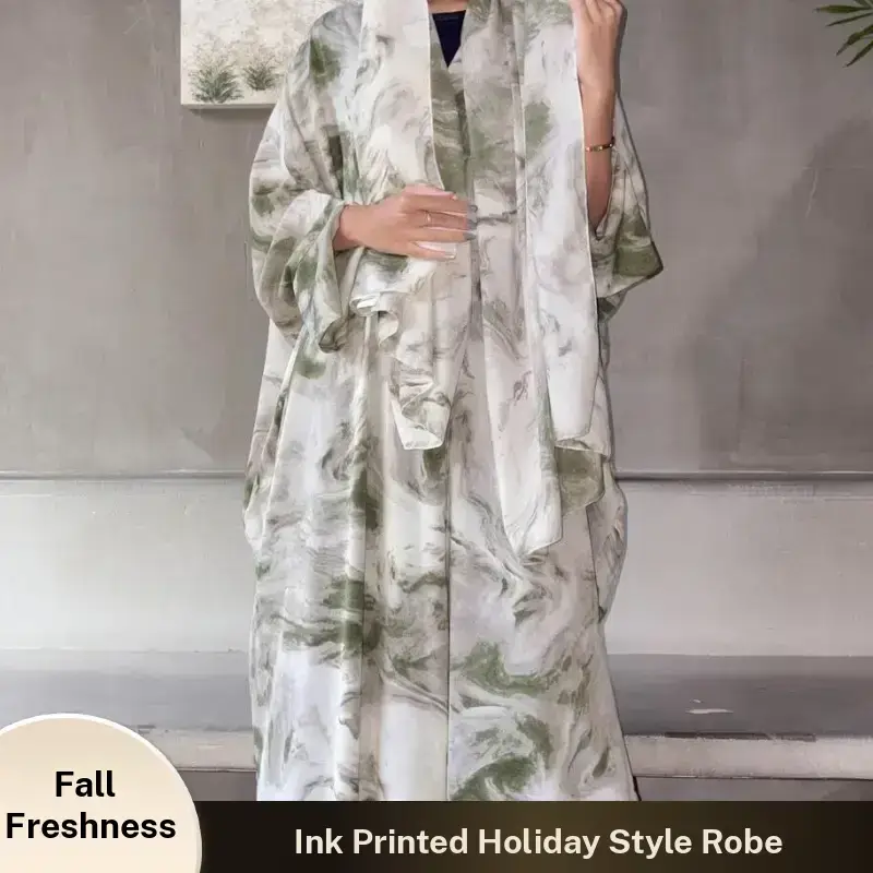 【FallFreshness】CL68-1 ink print cardigan, hijab set, polyester bat sleeves, fashion design, party, vacation, outerwear,Fashionweek