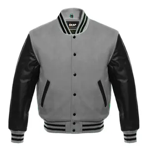 Letterman Varsity Jacket Wool & Real Leather Gray/Black Collar Cotton