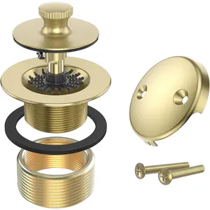 Brushed Gold Bathtub Drain Bath Tub Trim Set Conversion Kit Assembly, All Brass Lift and Turn Twist Tub Drains Replacement Kit with Two-Hole Overflow Faceplate