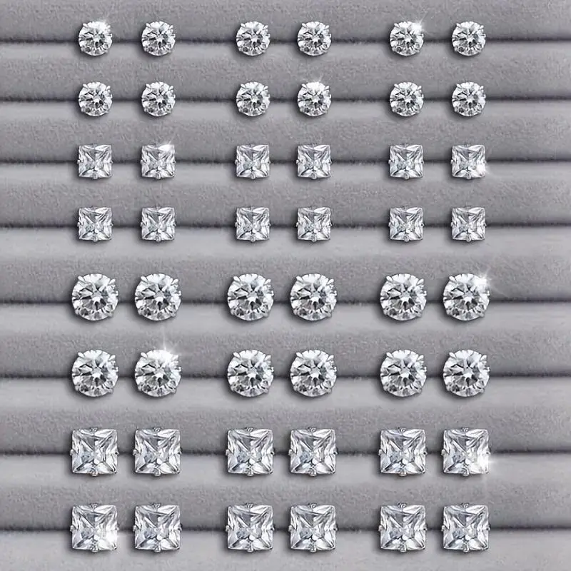24 Pairs Exquisite Shiny Round Square Shaped Stud Earrings Sparkling Artificial Crystal Inlaid Earrings Set Party Wedding Engagement Anniversary Jewelry Set