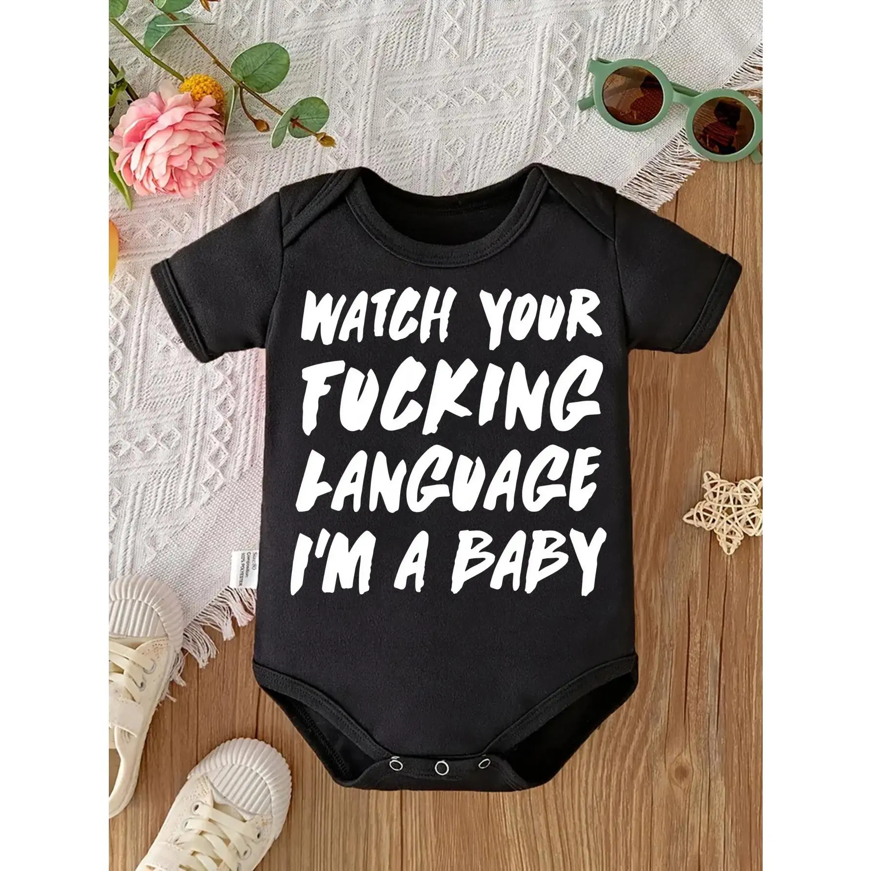 Cute Baby Bodysuit With Watch Your Fucking Language Im A Baby Print Soft Versatile Round Neck Button Detail Regular Fit All Seasons Knitted Fabric Onesie For 0-12 Months