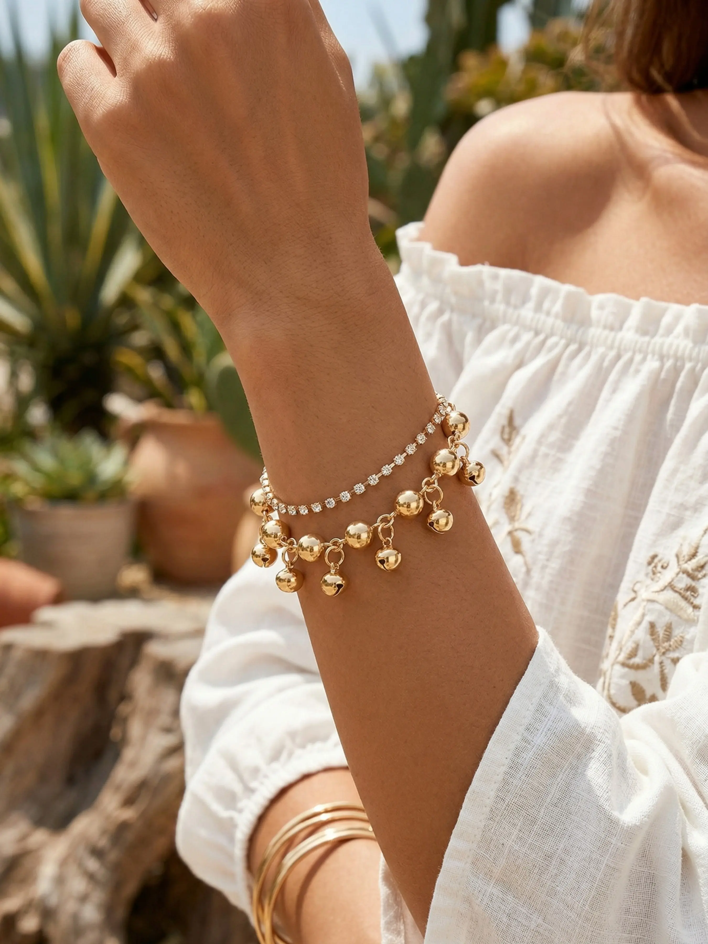 Elegant Two-Layer Gold Bead Bell Bracelet, Full Rhinestone Chain, Versatile Trendy Jewelry Gift Box, Perfect for Girlfriend, All-Season Accessory, Alloy Chain Bracelet, Double Layered Bracelets