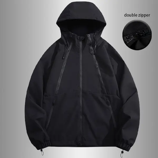 Men's Fashion Double-Zipper Softshell Jacket with Hood Adjustable Drawstring, Stylish and Functional Windproof Coat Casual Outdoor