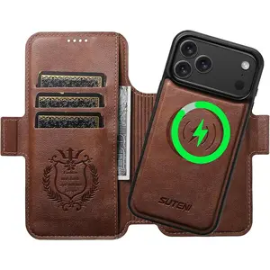 Detachable Wallet Case for iPhone 17/16/15/14 Pro Max,Magnetic Leather cover 2in1 Flip Design Compatible with MagSafe Wireless Charging, 3 Card Slots & Kickstand, 360° Military Shockproof