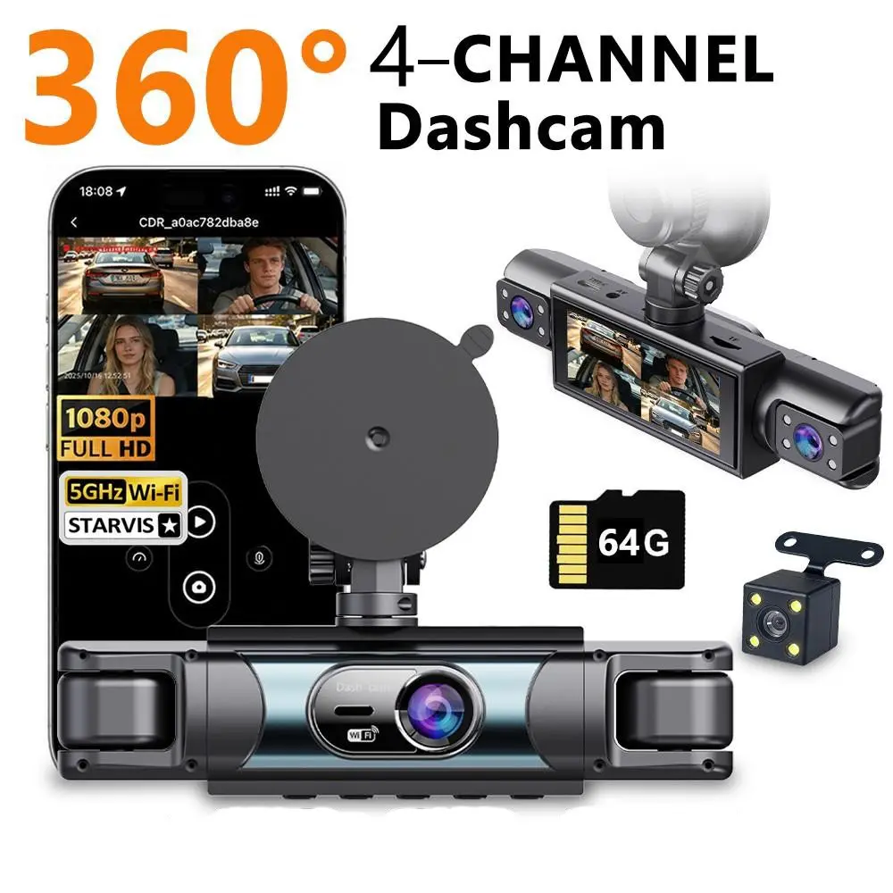 4 Channel 360° Dash Cam for Cars, 1080P Front and 720P Rear & Interior Cameras, 5GHz WiFi, Night Vision, 24H Parking Monitor, 64GB SD Card Included