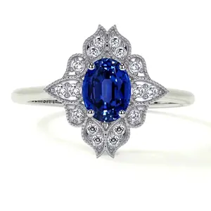 Vintage Oval Untreated Blue Sapphire Ring with Pave Set Diamond Halo (1.12cttw)- RBS012-7X5-AAAAA