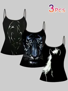Cool Animal Print Strappy Top, Bold Style Slim Fit Sleeveless Shirt, Three-Piece Set for Trendy, Perfect for Casual Wear