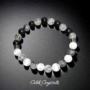 Black Tourmaline, Tourmaline Quartz, Selenite Bracelet - 8mm Stretches, Unisex Design, Natural Stones Balance Grounding Hematite