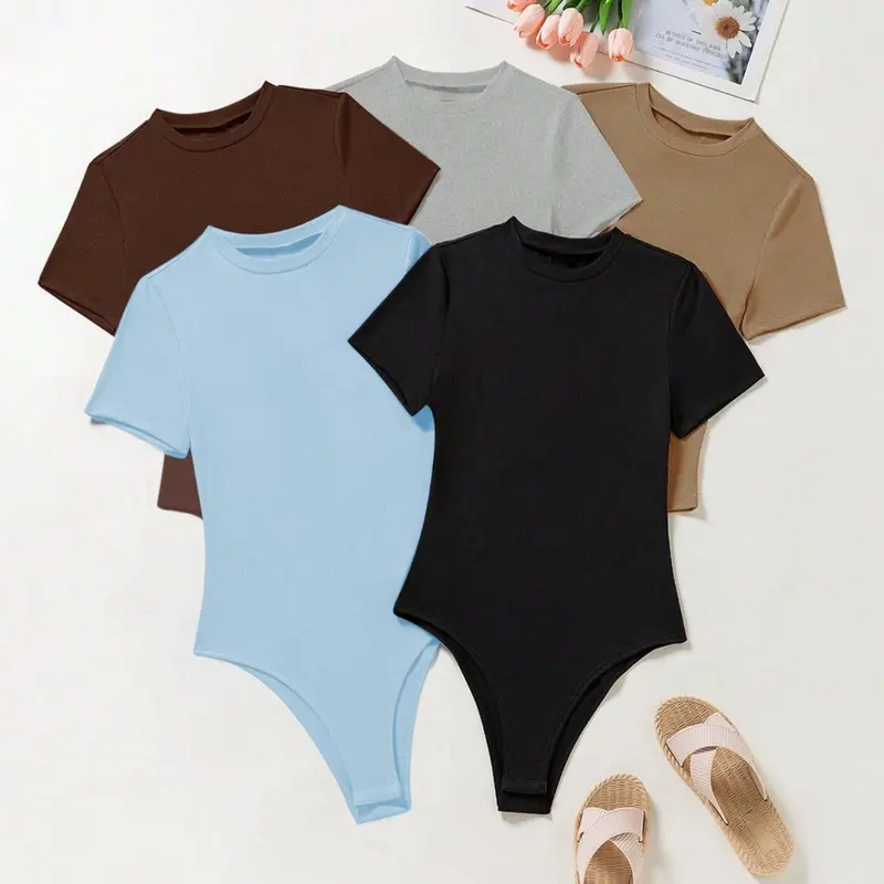 Women's Solid Round Neck Bodysuit, Casual Short Sleeve Bodysuit for Spring & Fall, Ladies Clothes for Daily Wear
