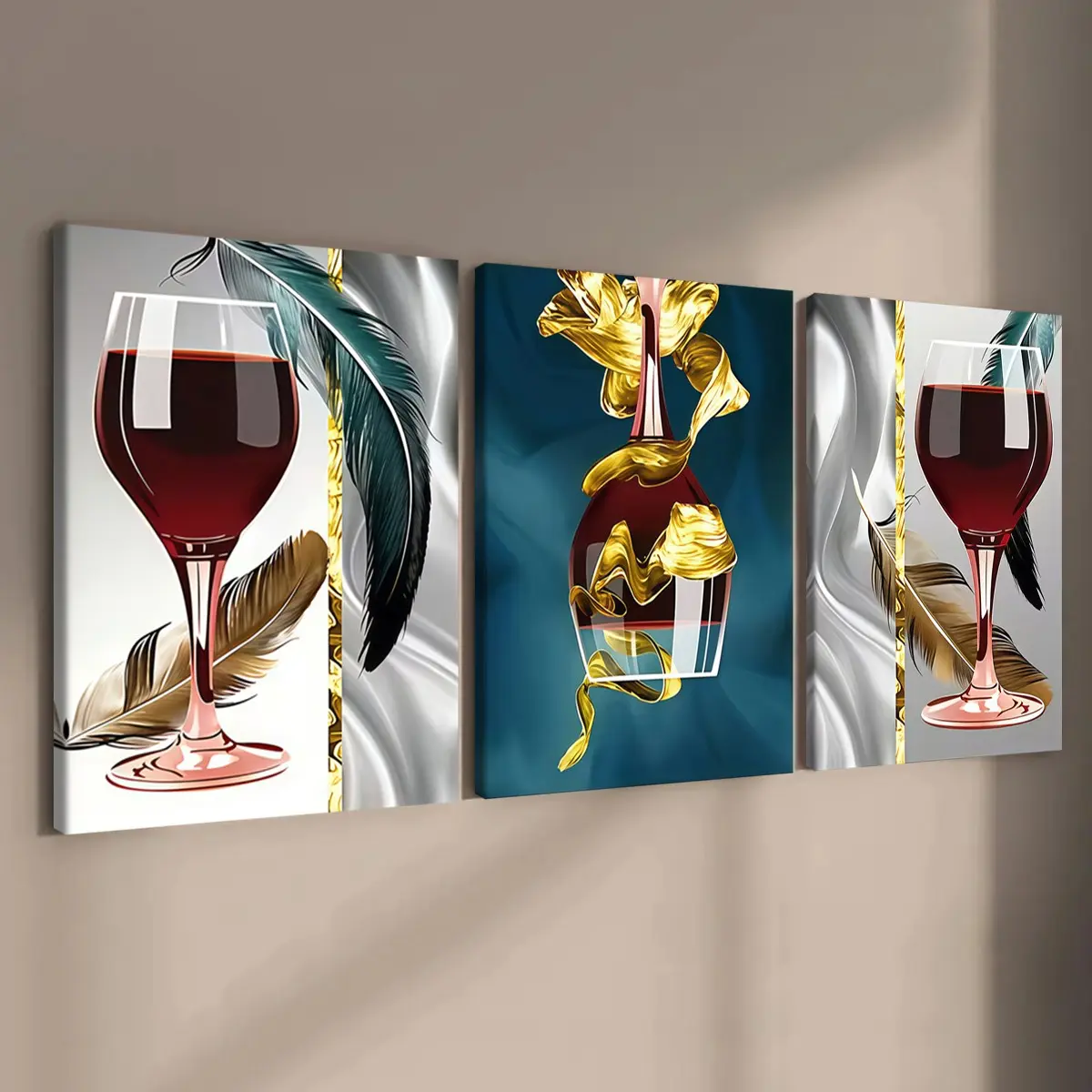 3-count wooden frame canvas, light luxury wine theme three-panel decorative poster, perfect living room and bedroom decoration, Artistic Indoor Decoration, artistic modern wall art, home wall art