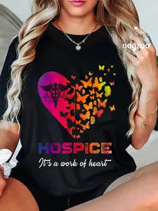 100% Cotton Unisex Heart Butterflies Hospice Nurse Appreciation Nursing Scrubs T-Shirt Casual Top