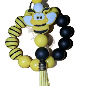 Keychain Bracelet Bird & Beads Bee Design with Additional Focal & Tassel Charm Yellow Black Beads cute bag accessories