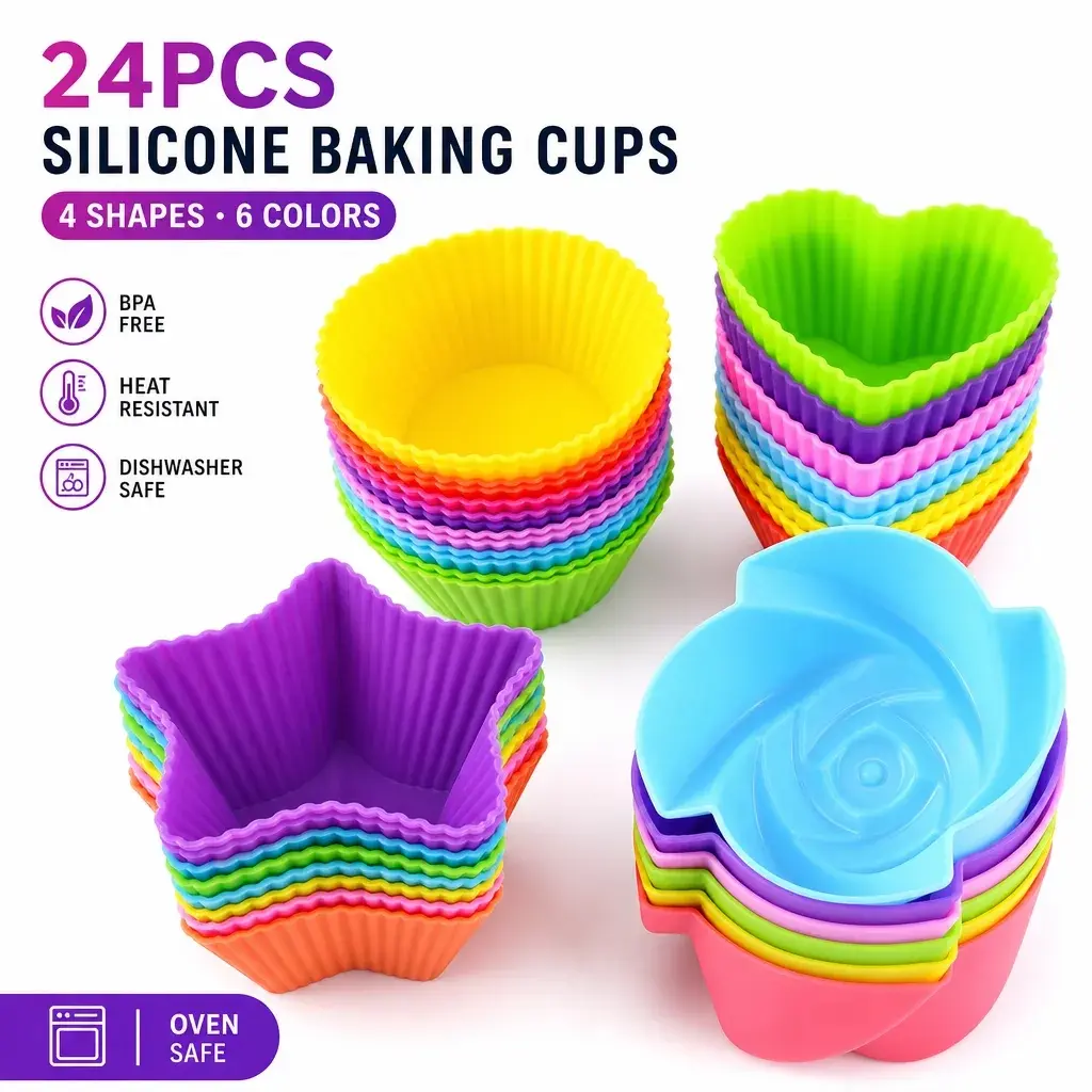 24pcs Reusable Silicone Cupcake Liners Set - Greaseproof, Nonstick Muffin Cups, Round/Star/Heart Shaped Baking Molds for Kids' Kitchen Bakeware, Non Toxic Bakeware, Flowers, Playful, Shapes, Greaseproof Bake