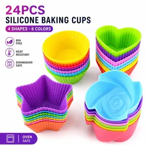 24-Piece Reusable Silicone Cupcake Liners - Greaseproof & Nonstick Muffin Baking Molds (Round, Star, Heart) for Kitchen outdoorfun