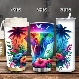 1pc 18oz/20oz Tropical Fantasy Elephant Tumbler with Vibrant Florals and Palm Trees, with lid and straw; winter insulated travel mug; gift for women and men; ideal for Valentine’s Day, Easter, and birthdays; suitable as an iced or hot coffee cup