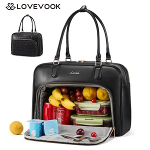 LOVEVOOK 2-in-1 Lunch Tote Bag for Women, 17.3 Inch PU Leather Laptop Work Bag with Insulated Lunch Compartment, Large Capacity Quilted  Lunch Bag, Stylish and Elegant, Suitable for Any Occasion
