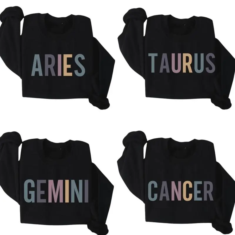 12 Zodiac Signs Graphic Sweatshirt - Black Color, Unisex Astrology Pullover for Men and Women, Horoscope Crewneck with All Star Signs, Spiritual Gift Idea, Casual Long Sleeve Shirt for Daily Wear - HARSIN