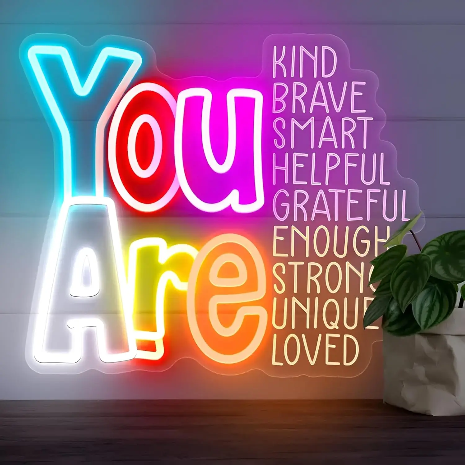 You Are Kind Brave Loved Smart Neon Sign - Positive Affirmations LED Wall Light - USB Powered Motivational Decor Sign Light for Bedroom, Living Room, Office Decor Birthday Gift