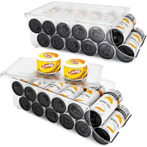 2-Pack Refrigerator Slim Can Organizer, Stackable Tall Slim Soda Can Rack Dispenser with Lid, for Refrigerator Storage Room Rack Freezer, Transparent Plastic Storage Box - Each Can Hold 12 Slim Cans