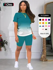 Two-piece Set Women's Ombre Print Skinny Shorts Two-piece Set, Crew Neck Short Sleeve T-shirt & Track Shorts, Back To School Outfits, Fall Sets, Casual Fall Clothes for Daily Wear Valentine's Day, Gift, Summer 2 Piece Set, Womenswear