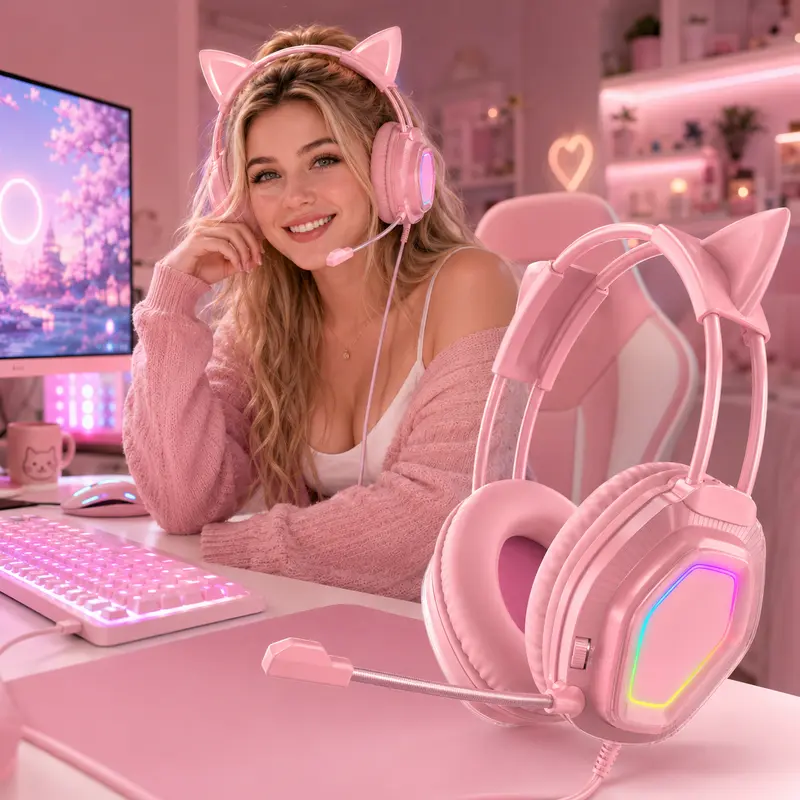 Wantek Women's Gaming Headset with Noise-Cancelling Mic - Lightweight, 7.1 Surround Sound, Soft Earmuffs - Wired for PS, Xbox, PC - Perfect Christmas Gift for Girlfriend (PC Gaming Accessories)