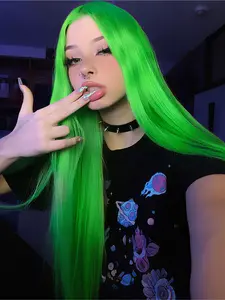 Neon Green 13x4 Lace Front Wig Free Part Straight Wig Pre Plucked Natural Hairline Heat-Resistant Synthetic Wig for Women Party Cosplay Stage  28 Inches Synthetic Material Wigs