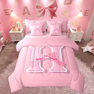 Dreamy Bow Bed Set,,Decor Girly Romantic Ultra Soft Initial Letter H 7 Pieces Beeding Set,Personalized Teen Girl Gifts Bed in a Bag with Comforter,Sheets,Pillowcases Kawaii Pink