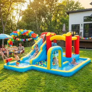 Inflatable Water Slide, Outdoor Inflatable Bounce House W/Air Blower, Pool Area, Climbing Wall & Water Gun, Jump Bouncy Castle for Party, Backyard (181" L x 143.7" W x 76.8" H)