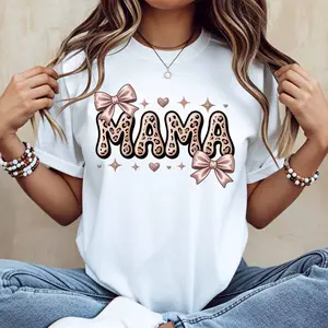 Leopard Print Mama With Bows And Hearts Graphic T Shirt White Casual Loose Fit For Everyday Wear And Light Activities