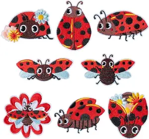 8 Pcs Ladybug Iron on Patches Cute Cartoon Insect Animal Sew on Repair Embroidered Applique Decorative Summer Ladybird with Daisy Flower DIY Craft Gifts for Kids Children Clothes Backpack Hat