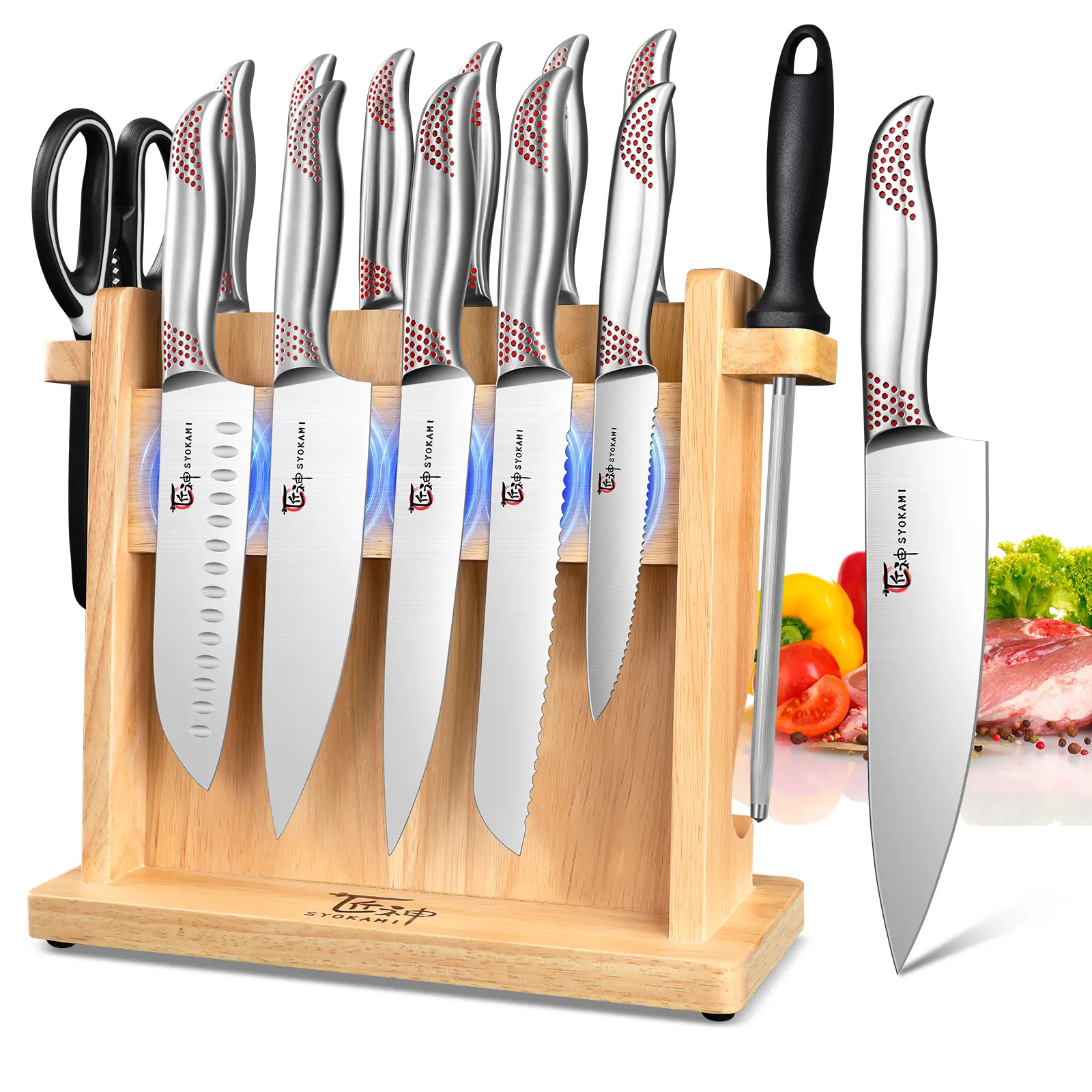 SYOKAMI 14-Piece Japanese Style Cutting Kitchen Knife Set with Magnetic Block, High Carbon Stainless Steel Ultra-Sharp Knives, Ergonomic Handle, Sharpener, Mother's Day Gift, DealsForYouDays Promotion, Knives Kitchen Set
